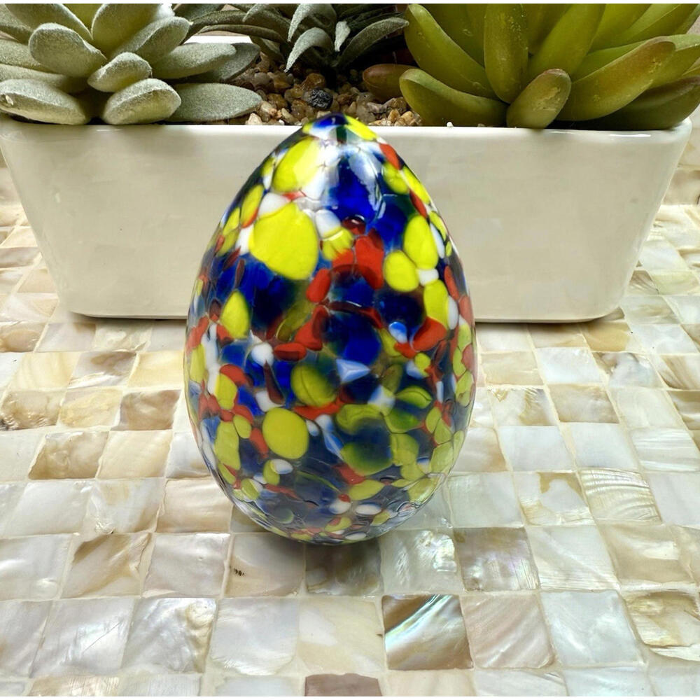Bohdana Czech Art Glass Egg Paperweight Hand Blown Multi Color Coral Spatter